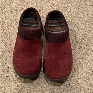 Red suede-sweater clogs